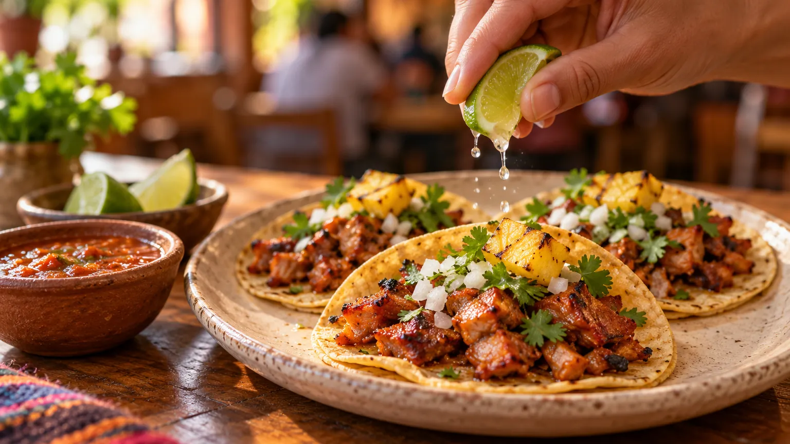 Tres tacos al pastor con piña, cebolla y cilantro en un plato de barro mientras una mano exprime limón sobre ellos, en un restaurante mexicano